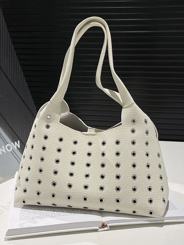 Women Fashion PU Leather Shoulder Bag Stylish Metal Grommet Rivet Handbag Litchi Texture Urban Minimalist Tote For Daily Use