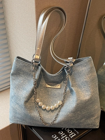 Sac Cabas en Denim Mode Femme Grande Capacité Ornement Perle Artificielle et Chaîne Métal Sac à Épaule pour Étudiant École Décontracté