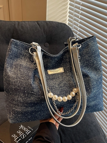 Sac Cabas en Denim Mode Femme Grande Capacité Ornement Perle Artificielle et Chaîne Métal Sac à Épaule pour Étudiant École Décontracté