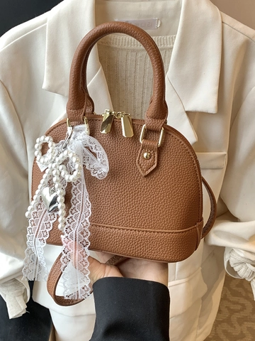 Stijlvolle Synthetisch Leer Schelptas Vrouwen Litchi Textuur Handtas Schoudertas Met Kunstparel Kanten Strik Hanger Sieraden