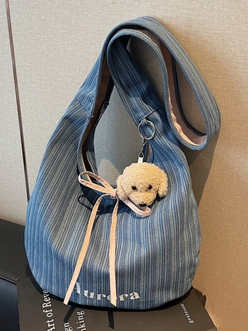 Women Casual Striped Denim Tote Bag Large Capacity Shoulder Bag With Bow Plush Dog Charm Aurora Embroidery Shopping Bag