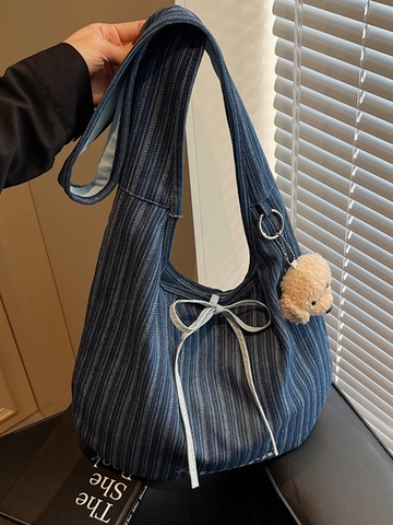 Women Casual Striped Denim Tote Bag Large Capacity Shoulder Bag With Bow Plush Dog Charm Aurora Embroidery Shopping Bag