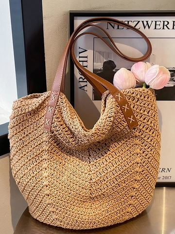 Tote Bag en Paille Tissé à la Main pour Femmes Grande Capacité Sac à Épaule de Plage au Crochet Décontracté Vacances d'Été Voyage Avec Sangle en PU