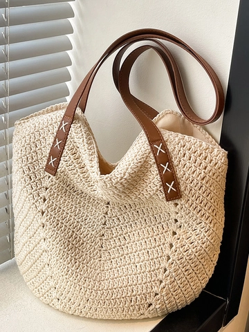 Tote Bag en Paille Tissé à la Main pour Femmes Grande Capacité Sac à Épaule de Plage au Crochet Décontracté Vacances d'Été Voyage Avec Sangle en PU