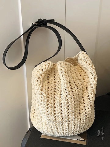 Bolso de Hombro de Paja Tejida Vintage para Mujer Bolso Tote de Ganchillo Calado en Color de Contraste con Correa Ajustable Bolso de Mano Informal para Vacaciones