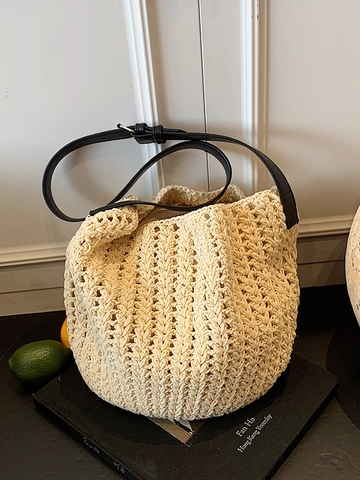 Bolso de Hombro de Paja Tejida Vintage para Mujer Bolso Tote de Ganchillo Calado en Color de Contraste con Correa Ajustable Bolso de Mano Informal para Vacaciones
