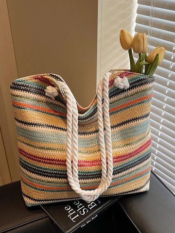 Women's Large Capacity Woven Straw Tote Bag Casual Summer Beach Shoulder Bag With Cotton Rope Handles Simple Vacation Handbag