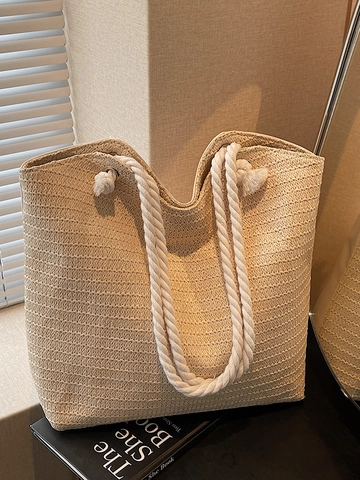 Women's Large Capacity Woven Straw Tote Bag Casual Summer Beach Shoulder Bag With Cotton Rope Handles Simple Vacation Handbag