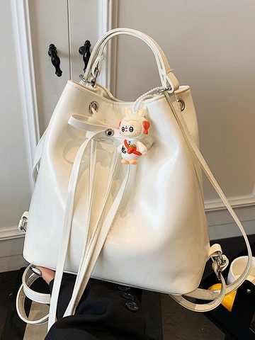Borsa a Secchiello da Donna in Pelle PU Moda Tracolla Versatile con Coulisse Elegante Borsa a Mano di Grande Capacità con Grazioso Ciondolo