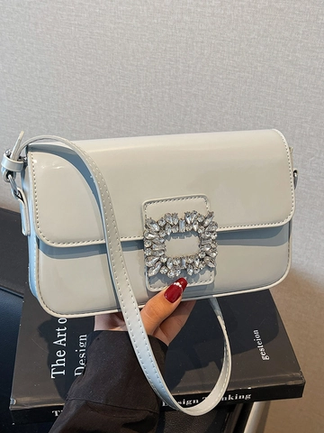 Women Rhinestone Square Buckle Shoulder Bag PU Patent Leather Underarm Bag Fashion Crossbody Bag For Party Daily Match