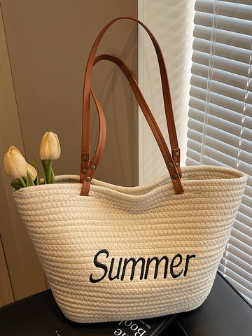 Sommer Buchstabenstickerei Stroh Gewebte Tote Bag Große Kapazität Minimalistische Casual Schultertasche Damen Strandurlaub Handtasche
