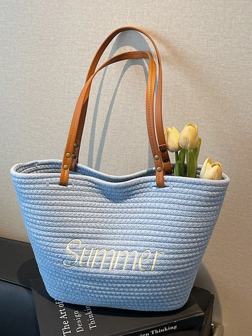 Sommer Buchstabenstickerei Stroh Gewebte Tote Bag Große Kapazität Minimalistische Casual Schultertasche Damen Strandurlaub Handtasche