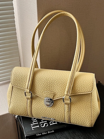Bolso de Axila de Cuero PU de Grano de Lichi para Mujer Elegante Bolso de Hombro con Solapa de Color Sólido Con Cierre Metálico