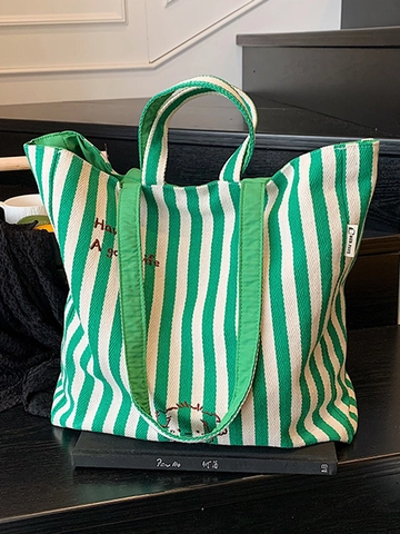 Borsa Tote in Tela a Righe da Donna Grande Capacità Con Ricamo Cane Cartone Animato Borsa a Spalla Casual per Spesa