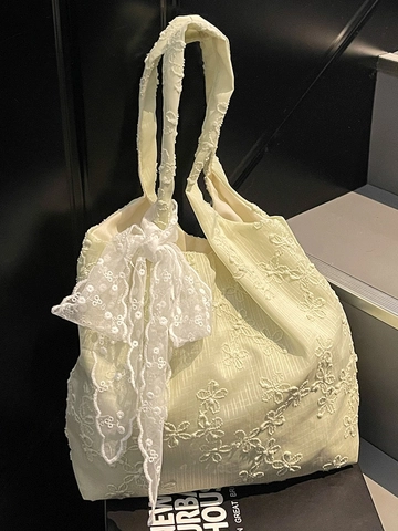 Koreanischer Stil Spitze Blume Bestickt Einkaufstasche Große Kapazität Damen Süße Schleife Umhängetasche Stoff Pendler Handtasche