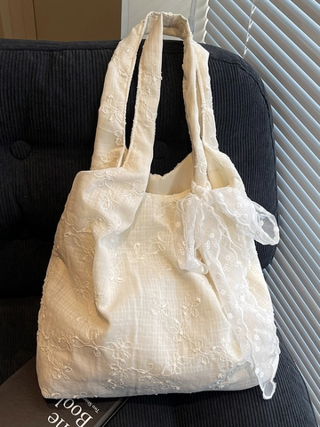 Koreanischer Stil Spitze Blume Bestickt Einkaufstasche Große Kapazität Damen Süße Schleife Umhängetasche Stoff Pendler Handtasche