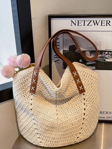 Sommer Strohgeflecht Tote Bag Große Kapazität Urban Einfache Umhängetasche Für Damen Urlaub Strand Handtasche Mit Magnetverschluss