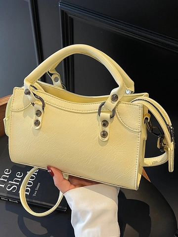 Moda Mujer Bolso de Hombro de Cuero PU Decoración de Remaches Bolso Boston Textura Arrugada Bandolera Correa Ajustable