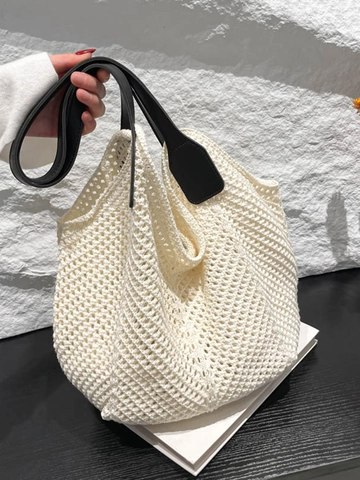 Women Large Capacity Knitted Crochet Tote Bag Casual Hollow Shoulder Bag With Leather Strap Solid Color Beach Vacation Bag