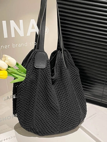 Women Large Capacity Knitted Crochet Tote Bag Casual Hollow Shoulder Bag With Leather Strap Solid Color Beach Vacation Bag