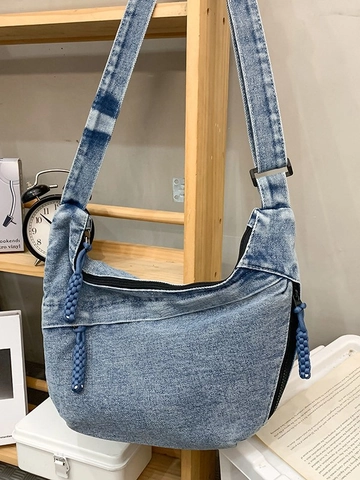 Japanese Style Large Capacity Denim Crossbody Bag For Women Vintage Washed Dumpling Shoulder Bag Simple Commuter Hobo Bag