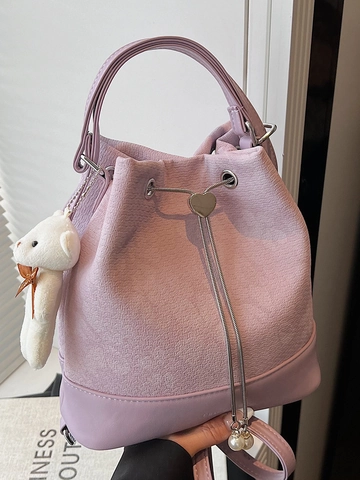 Floral Jacquard Beuteltasche Damen PU Leder Patchwork Rucksack Mit Herzschnalle Perlenkette Pendler Umhängetasche Bärenanhänger