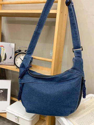 Japanese Style Large Capacity Denim Crossbody Bag For Women Vintage Washed Dumpling Shoulder Bag Simple Commuter Hobo Bag
