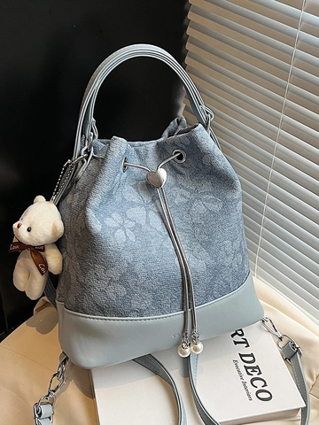 Floral Jacquard Beuteltasche Damen PU Leder Patchwork Rucksack Mit Herzschnalle Perlenkette Pendler Umhängetasche Bärenanhänger