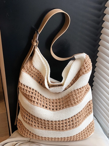 Bolso Tote Vintage para Mujer con Rayas en Bloques de Color Bolso de Hombro de Tejido de Punto Calado Gran Capacidad Vacaciones Playa Casual