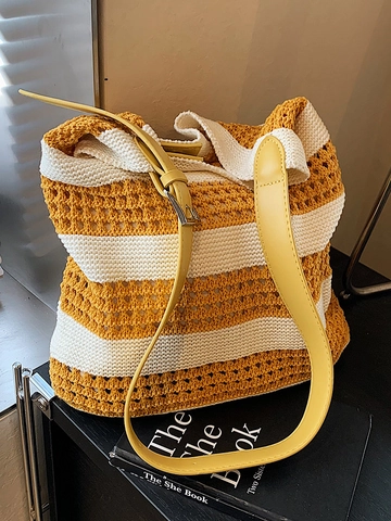 Bolso Tote Vintage para Mujer con Rayas en Bloques de Color Bolso de Hombro de Tejido de Punto Calado Gran Capacidad Vacaciones Playa Casual