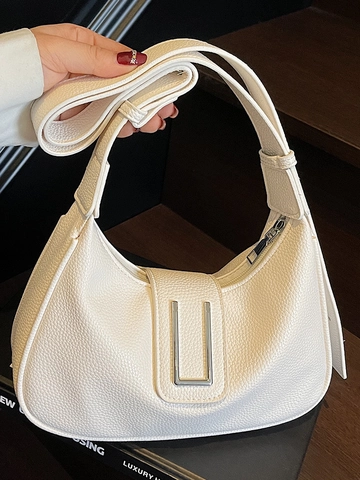 Borsa a Spalla Nicchia Francese per Donna in Pelle PU a Grana di Litchi Borsa Hobo Minimalista a Tracolla con Fibbia Argento