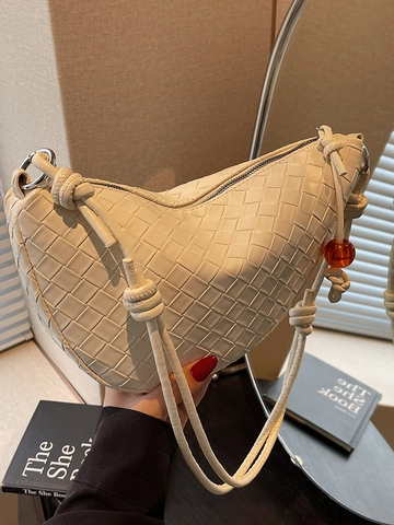 Damen Geflochtene PU Leder Hobo Schultertasche Halbmond Umhängetasche Geknoteter Riemen Bernsteinperle Urban Commuter Handtasche