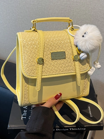 Women Fashion Woven Texture PU Leather Backpack Multi-functional Handbag With Plush Charm Chic Crossbody Bag Flap Square Bag