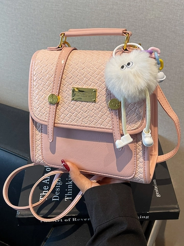 Women Fashion Woven Texture PU Leather Backpack Multi-functional Handbag With Plush Charm Chic Crossbody Bag Flap Square Bag