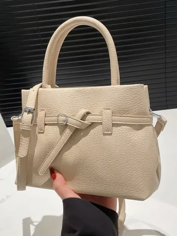 Women Fashion Litchi Grain PU Leather Crossbody Bag Minimalist Square Shoulder Bag With Top Handle Adjustable Strap Handbag