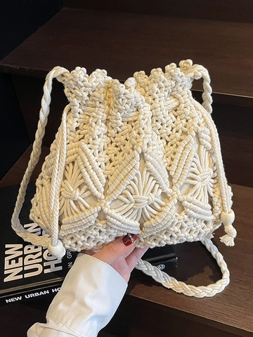 Hand-Woven Cotton Cord Macrame Bucket Bag With Drawstring Tassel Wood Beads Bohemian Summer Beach Shoulder Crossbody Bag For Women