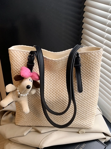 Damen Große Kapazität Strohgewebte Tragetasche Casual Schultertasche Handtasche Mit Künstliche Perle Welpenanhänger PU-Riemen