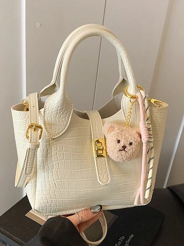 Bolso de Cubo de Cuero PU con Patrón de Cocodrilo para Mujer Bolso de Hombro Simple con Hebilla de Metal de Moda Coreana