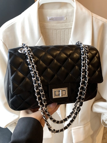 Women Quilted Shoulder Bag Rhombic Pattern Chain Crossbody Bag PU Leather Square Bag Turn Lock Fashion Commuting Bag