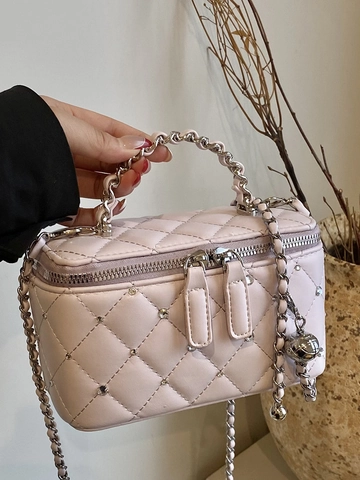 Damen Gesteppte Umhängetasche Strass Besetzte PU Leder Box Tasche Crossbody Tasche Mit Metallkettenriemen Kamelien Anhänger