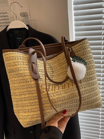 Damen Sommer Große Kapazität Stroh Gewebte Tragetasche Bestickt Summer Buchstabe Schultertasche Mit Pompon Anhänger Strand Urlaub Handtasche
