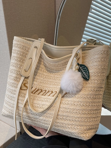Damen Sommer Große Kapazität Stroh Gewebte Tragetasche Bestickt Summer Buchstabe Schultertasche Mit Pompon Anhänger Strand Urlaub Handtasche