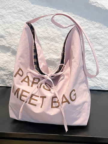 Borsa Tote in Tessuto da Donna a Grande Capacità Stampa di Lettere Casual Borsa a Spalla Con Coulisse per Pendolarismo Quotidiano