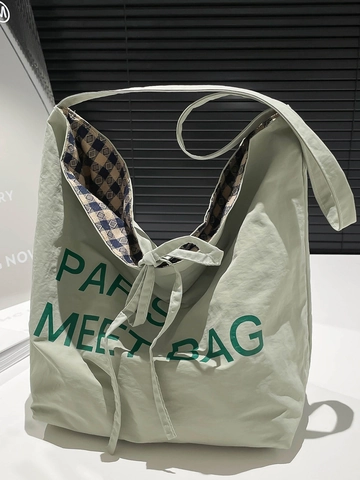 Borsa Tote in Tessuto da Donna a Grande Capacità Stampa di Lettere Casual Borsa a Spalla Con Coulisse per Pendolarismo Quotidiano