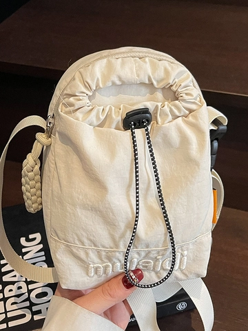 Damen Leichte Nylon Mini Schultertasche Japanischer Stil Kordelzug Umhängetasche Handytasche Sportlich Lässige Urban Beuteltasche