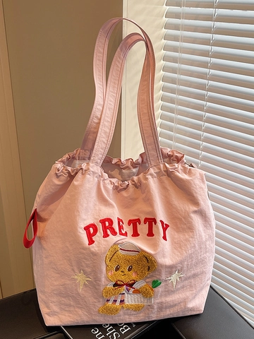 Borsa Tote Donna Grande Capacità Ricamo Orso Cartone Animato Coulisse Borsa a Tracolla in Nylon per Scuola Quotidiano