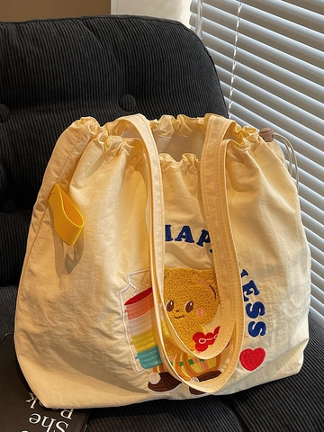 Borsa Tote Donna Grande Capacità Ricamo Orso Cartone Animato Coulisse Borsa a Tracolla in Nylon per Scuola Quotidiano
