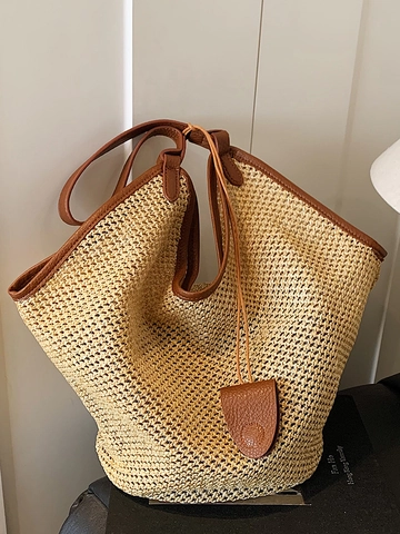 Grand Sac Cabas en Paille pour Femmes avec Bordure en Cuir PU Contrasté Sac à Épaule Seau Décontracté Plage Été