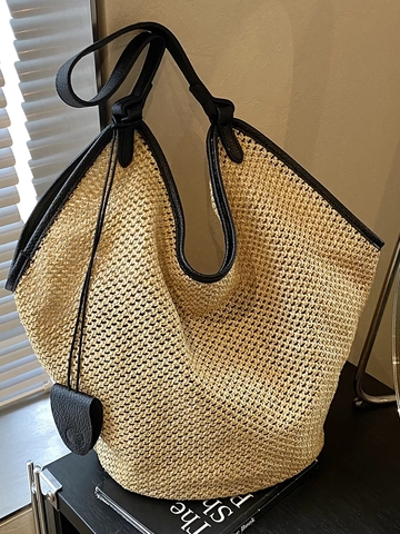 Grand Sac Cabas en Paille pour Femmes avec Bordure en Cuir PU Contrasté Sac à Épaule Seau Décontracté Plage Été