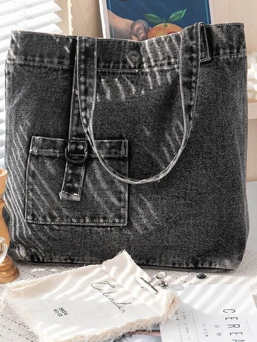Sac Cabas en Denim Lavé Vintage Style Coréen Grande Capacité Sac à Bandoulière Décontracté pour Femme Sac à Main Littéraire